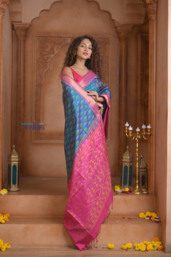 Shubh Lakshmi ~ Handloom Pure Silk Ikkat Patola Saree in Sky Blue and Pink (Silk Mark Certified) - verymuchindian.com