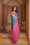 Shubh Lakshmi ~ Handloom Pure Silk Ikkat Patola Saree in Sky Blue and Pink (Silk Mark Certified) - verymuchindian.com