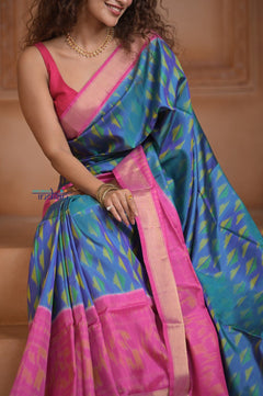 Shubh Lakshmi ~ Handloom Pure Silk Ikkat Patola Saree in Sky Blue and Pink (Silk Mark Certified) - verymuchindian.com