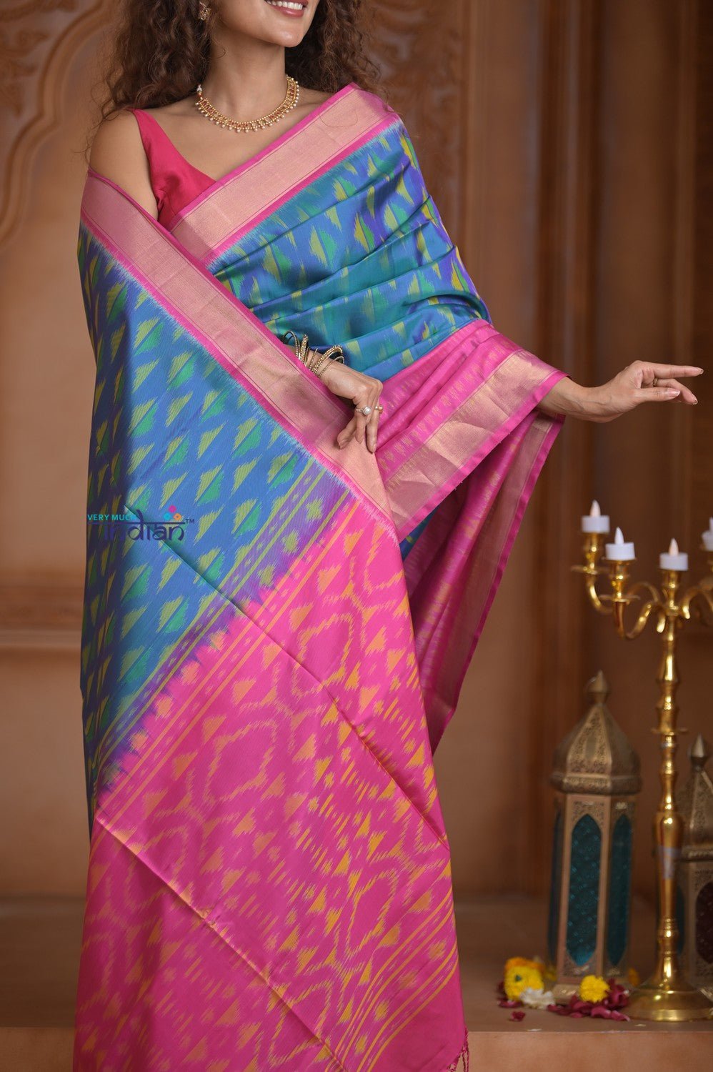 Shubh Lakshmi ~ Handloom Pure Silk Ikkat Patola Saree in Sky Blue and Pink (Silk Mark Certified) - verymuchindian.com