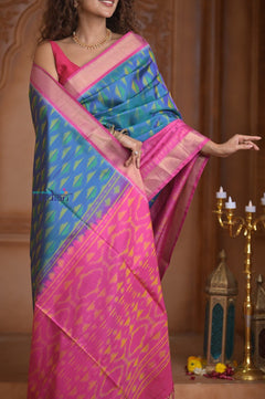 Shubh Lakshmi ~ Handloom Pure Silk Ikkat Patola Saree in Sky Blue and Pink (Silk Mark Certified) - verymuchindian.com