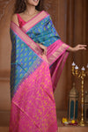 Shubh Lakshmi ~ Handloom Pure Silk Ikkat Patola Saree in Sky Blue and Pink (Silk Mark Certified) - verymuchindian.com