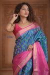 Shubh Lakshmi ~ Handloom Pure Silk Ikkat Patola Saree in Sky Blue and Pink (Silk Mark Certified) - verymuchindian.com
