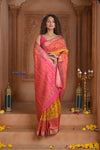 Shubh Lakshmi ~ Handloom Pure Silk Ikkat Patola Saree in Turmeric Yellow and Red (Silk Mark Certified) - verymuchindian.com