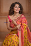 Shubh Lakshmi ~ Handloom Pure Silk Ikkat Patola Saree in Turmeric Yellow and Red (Silk Mark Certified) - verymuchindian.com