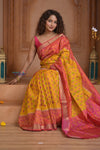 Shubh Lakshmi ~ Handloom Pure Silk Ikkat Patola Saree in Turmeric Yellow and Red (Silk Mark Certified) - verymuchindian.com