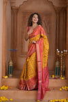 Shubh Lakshmi ~ Handloom Pure Silk Ikkat Patola Saree in Turmeric Yellow and Red (Silk Mark Certified) - verymuchindian.com
