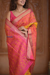 Shubh Lakshmi ~ Handloom Pure Silk Ikkat Patola Saree in Turmeric Yellow and Red (Silk Mark Certified) - verymuchindian.com