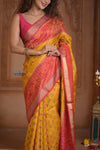 Shubh Lakshmi ~ Handloom Pure Silk Ikkat Patola Saree in Turmeric Yellow and Red (Silk Mark Certified) - verymuchindian.com