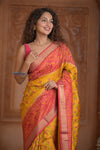 Shubh Lakshmi ~ Handloom Pure Silk Ikkat Patola Saree in Turmeric Yellow and Red (Silk Mark Certified) - verymuchindian.com