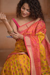 Shubh Lakshmi ~ Handloom Pure Silk Ikkat Patola Saree in Turmeric Yellow and Red (Silk Mark Certified) - verymuchindian.com