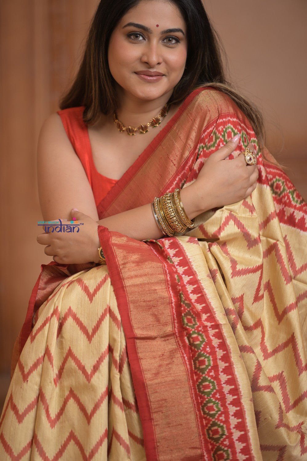 Shubh Lakshmi ~ Handloom Pure Silk Ikkat Patola Saree in Yellow and Red (Silk Mark Certified) - verymuchindian.com