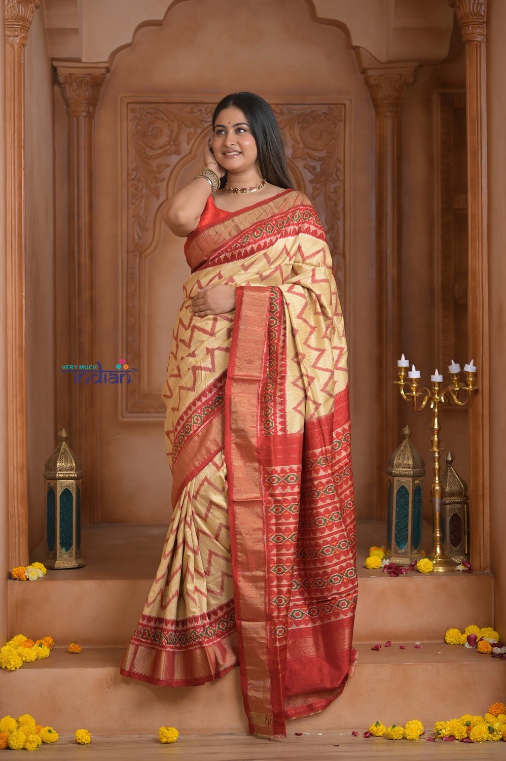 Shubh Lakshmi ~ Handloom Pure Silk Ikkat Patola Saree in Yellow and Red (Silk Mark Certified) - verymuchindian.com