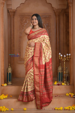 Shubh Lakshmi ~ Handloom Pure Silk Ikkat Patola Saree in Yellow and Red (Silk Mark Certified) - verymuchindian.com