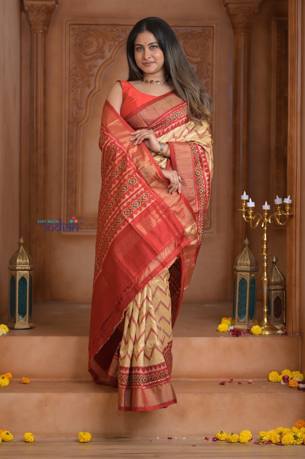 Shubh Lakshmi ~ Handloom Pure Silk Ikkat Patola Saree in Yellow and Red (Silk Mark Certified) - verymuchindian.com