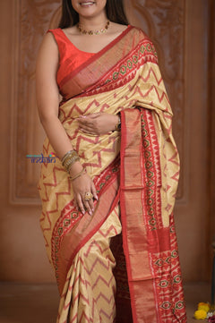 Shubh Lakshmi ~ Handloom Pure Silk Ikkat Patola Saree in Yellow and Red (Silk Mark Certified) - verymuchindian.com