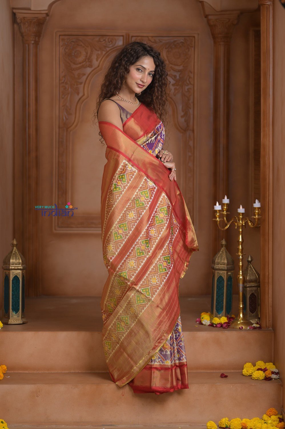 Shubh Lakshmi ~ Handloom Pure Silk Ikkat Tissue Patola Saree in Purple and Red (Silk Mark Certified) - verymuchindian.com