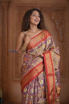 Shubh Lakshmi ~ Handloom Pure Silk Ikkat Tissue Patola Saree in Purple and Red (Silk Mark Certified) - verymuchindian.com