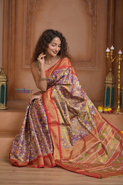 Shubh Lakshmi ~ Handloom Pure Silk Ikkat Tissue Patola Saree in Purple and Red (Silk Mark Certified) - verymuchindian.com
