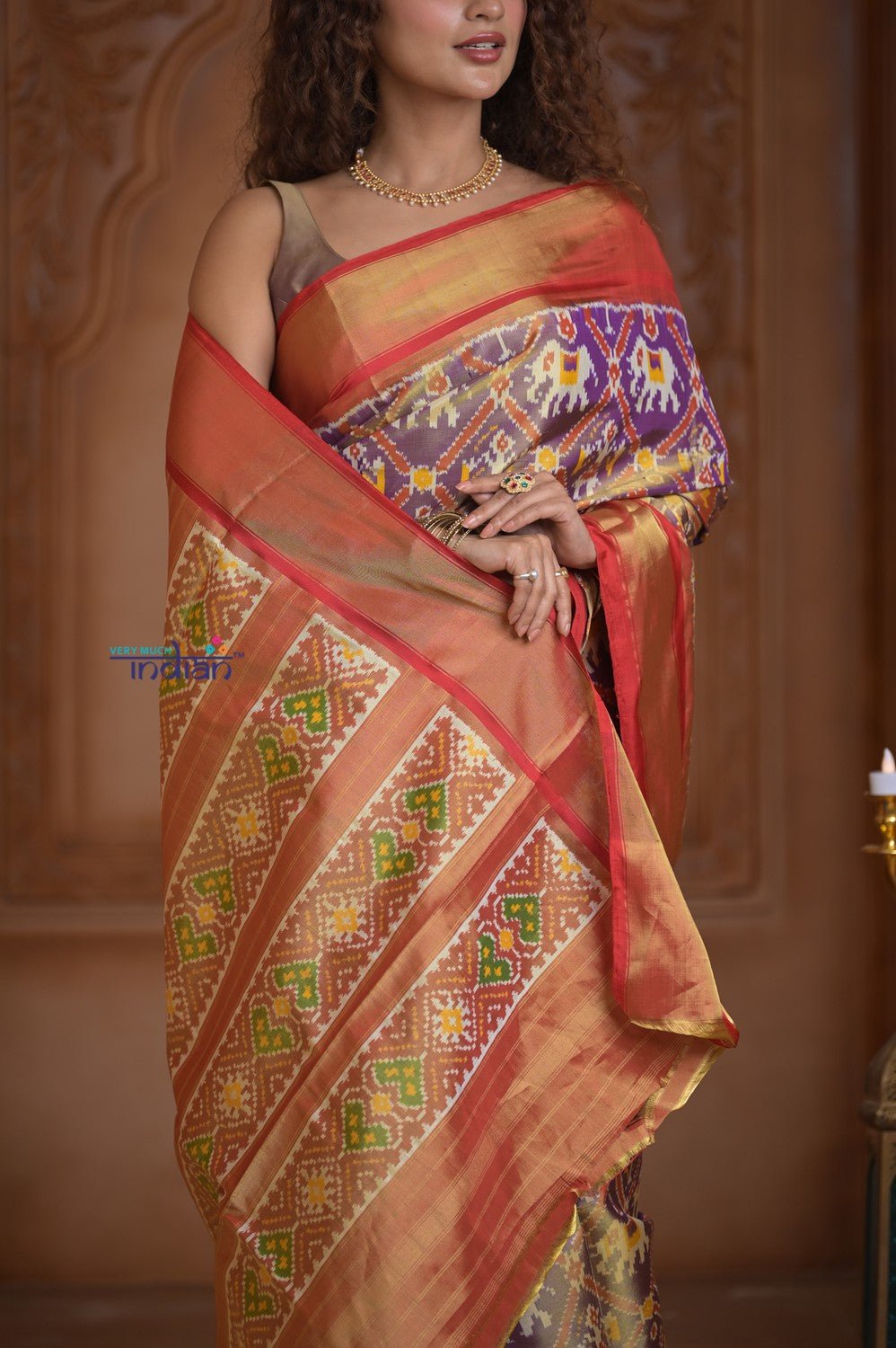 Shubh Lakshmi ~ Handloom Pure Silk Ikkat Tissue Patola Saree in Purple and Red (Silk Mark Certified) - verymuchindian.com