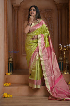 Shubh Lakshmi ~ Handloom Pure Silk Kanjivaram Brocade Saree in Leaf Green and Pink (Silk Mark Certified) - verymuchindian.com