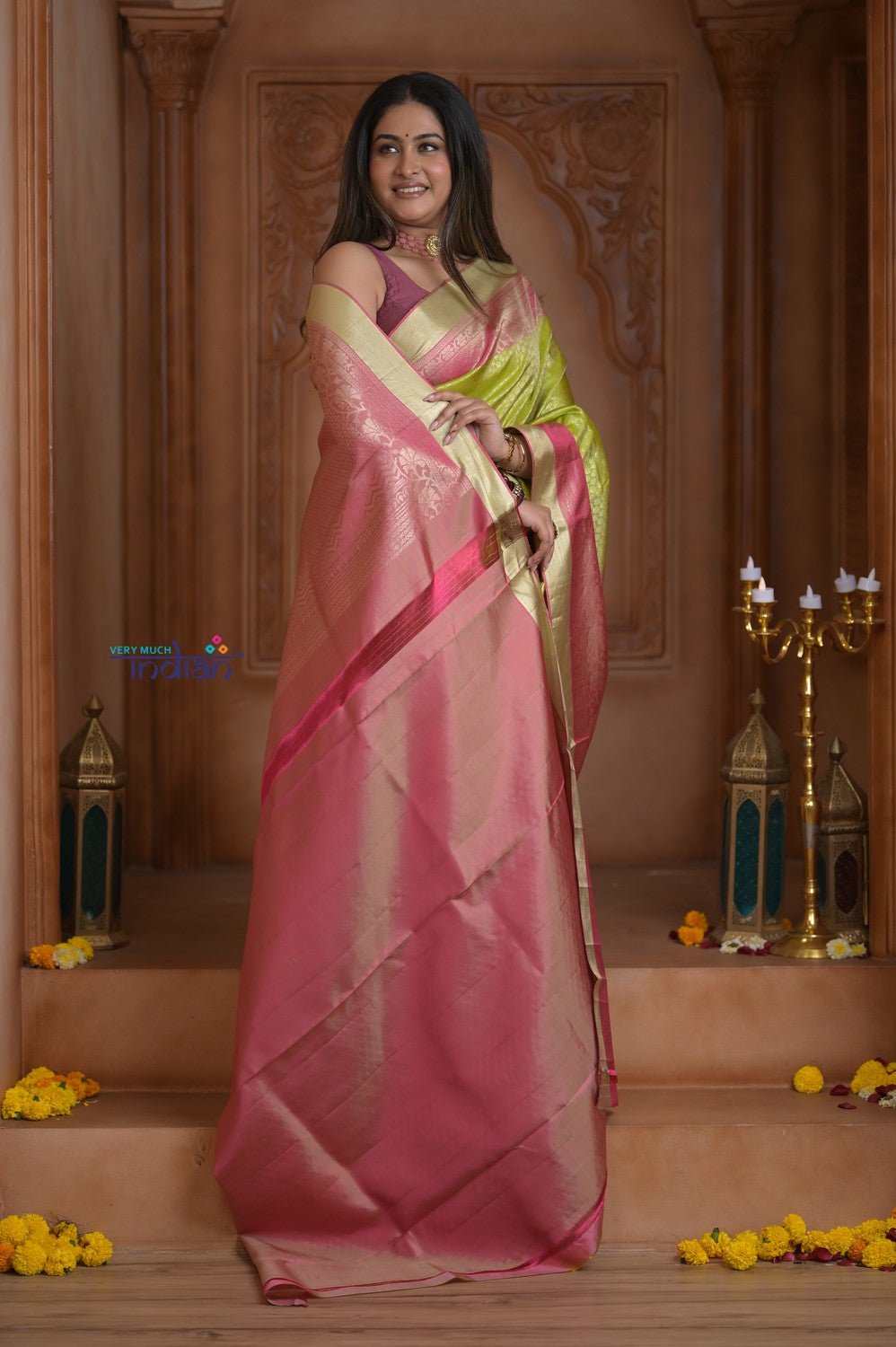 Shubh Lakshmi ~ Handloom Pure Silk Kanjivaram Brocade Saree in Leaf Green and Pink (Silk Mark Certified) - verymuchindian.com