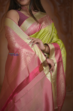 Shubh Lakshmi ~ Handloom Pure Silk Kanjivaram Brocade Saree in Leaf Green and Pink (Silk Mark Certified) - verymuchindian.com