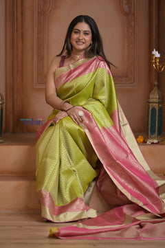 Shubh Lakshmi ~ Handloom Pure Silk Kanjivaram Brocade Saree in Leaf Green and Pink (Silk Mark Certified) - verymuchindian.com
