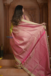 Shubh Lakshmi ~ Handloom Pure Silk Kanjivaram Brocade Saree in Leaf Green and Pink (Silk Mark Certified) - verymuchindian.com