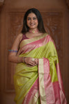 Shubh Lakshmi ~ Handloom Pure Silk Kanjivaram Brocade Saree in Leaf Green and Pink (Silk Mark Certified) - verymuchindian.com