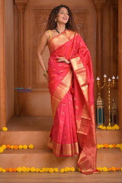 Shubh Lakshmi ~ Handloom Pure Silk Kanjivaram Saree in Crimson Red Gold (Silk Mark Certified) - verymuchindian.com