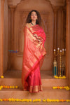 Shubh Lakshmi ~ Handloom Pure Silk Kanjivaram Saree in Crimson Red Gold (Silk Mark Certified) - verymuchindian.com