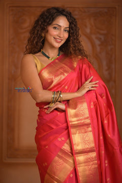 Shubh Lakshmi ~ Handloom Pure Silk Kanjivaram Saree in Crimson Red Gold (Silk Mark Certified) - verymuchindian.com