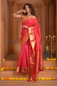 Shubh Lakshmi ~ Handloom Pure Silk Kanjivaram Saree in Crimson Red Gold (Silk Mark Certified) - verymuchindian.com