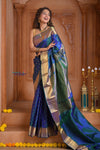 Shubh Lakshmi ~ Handloom Pure Silk Kanjivaram Saree in Dual Tone Azure Blue (Silk Mark Certified) - verymuchindian.com