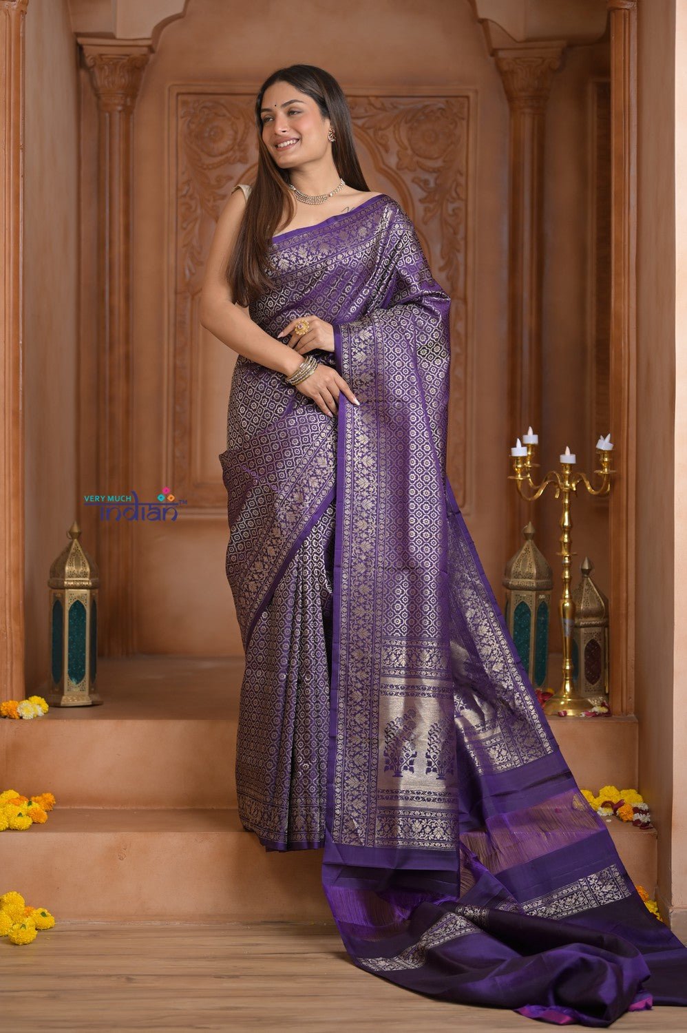 Shubh Lakshmi ~ Handloom Pure Silk Kanjivaram Saree with Brocade in Purple (Silk Mark Certified) - verymuchindian.com