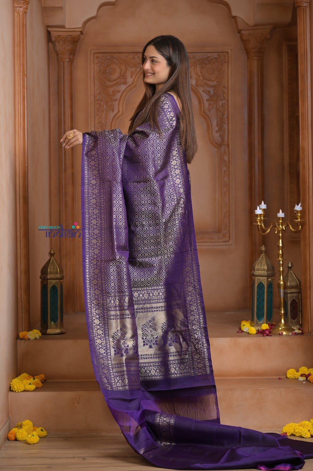 Shubh Lakshmi ~ Handloom Pure Silk Kanjivaram Saree with Brocade in Purple (Silk Mark Certified) - verymuchindian.com