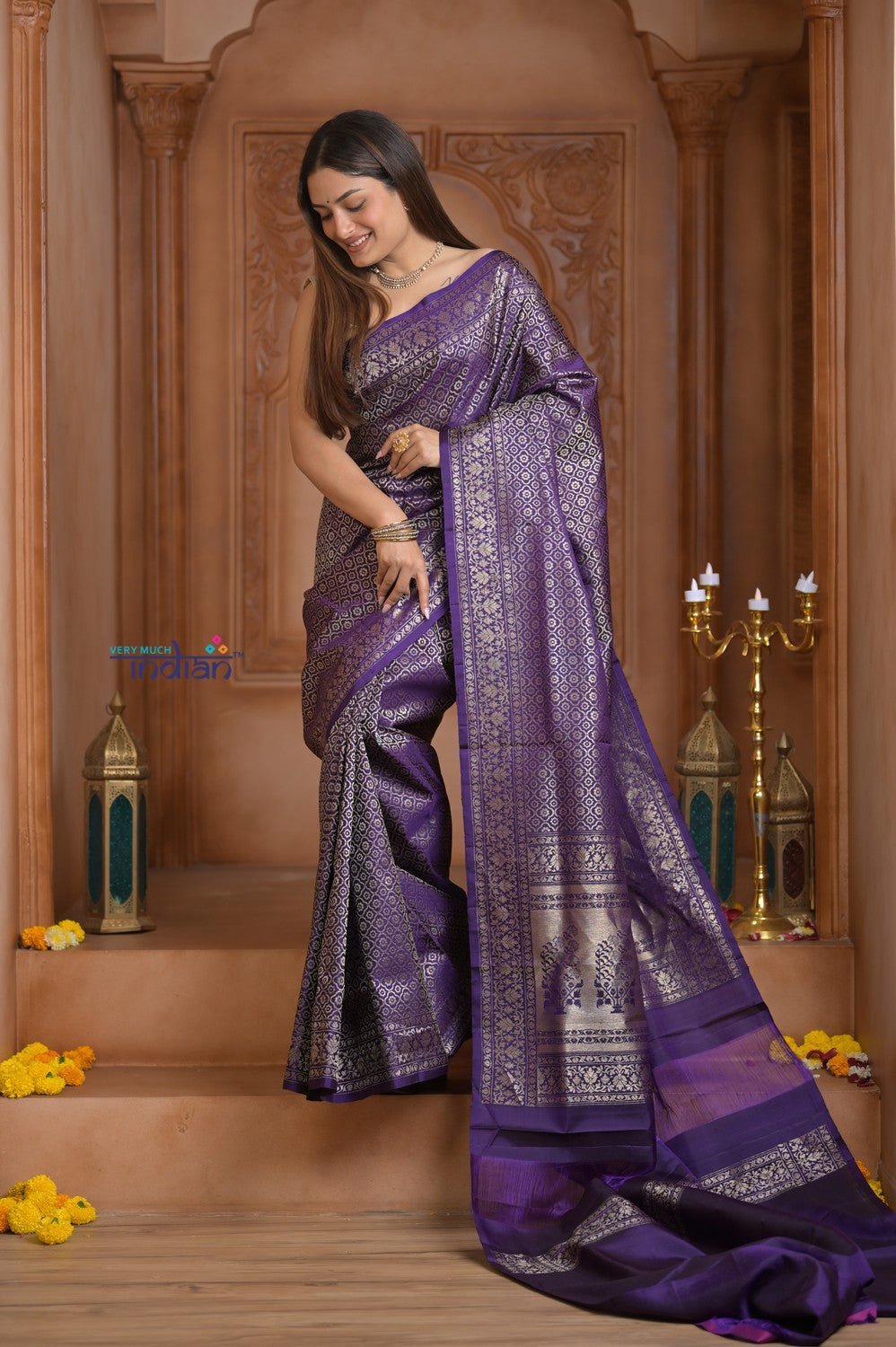 Shubh Lakshmi ~ Handloom Pure Silk Kanjivaram Saree with Brocade in Purple (Silk Mark Certified) - verymuchindian.com