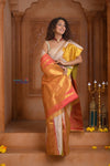 Shubh Lakshmi ~ Handloom Pure Silk Kanjivaram Saree with Temple Border in White and Multicolor(Silk Mark Certified) - verymuchindian.com