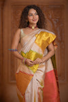Shubh Lakshmi ~ Handloom Pure Silk Kanjivaram Saree with Temple Border in White and Multicolor(Silk Mark Certified) - verymuchindian.com