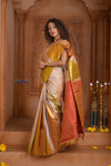 Shubh Lakshmi ~ Handloom Pure Silk Kanjivaram Saree with Temple Border in White and Multicolor(Silk Mark Certified) - verymuchindian.com