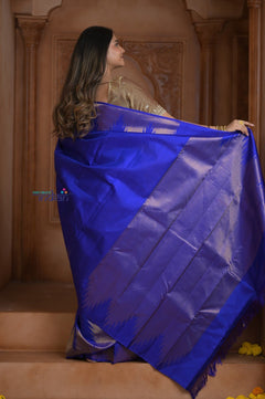 Shubh Lakshmi ~ Handloom Pure Silk Kanjivaram Temple Border Saree in Marine Blue (Silk Mark Certified) - verymuchindian.com
