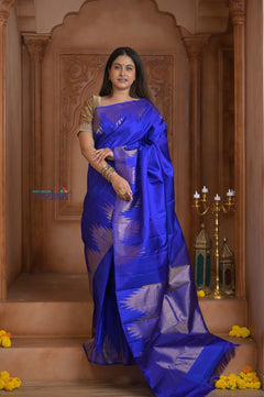Shubh Lakshmi ~ Handloom Pure Silk Kanjivaram Temple Border Saree in Marine Blue (Silk Mark Certified) - verymuchindian.com