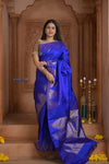 Shubh Lakshmi ~ Handloom Pure Silk Kanjivaram Temple Border Saree in Marine Blue (Silk Mark Certified) - verymuchindian.com