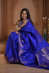 Shubh Lakshmi ~ Handloom Pure Silk Kanjivaram Temple Border Saree in Marine Blue (Silk Mark Certified) - verymuchindian.com