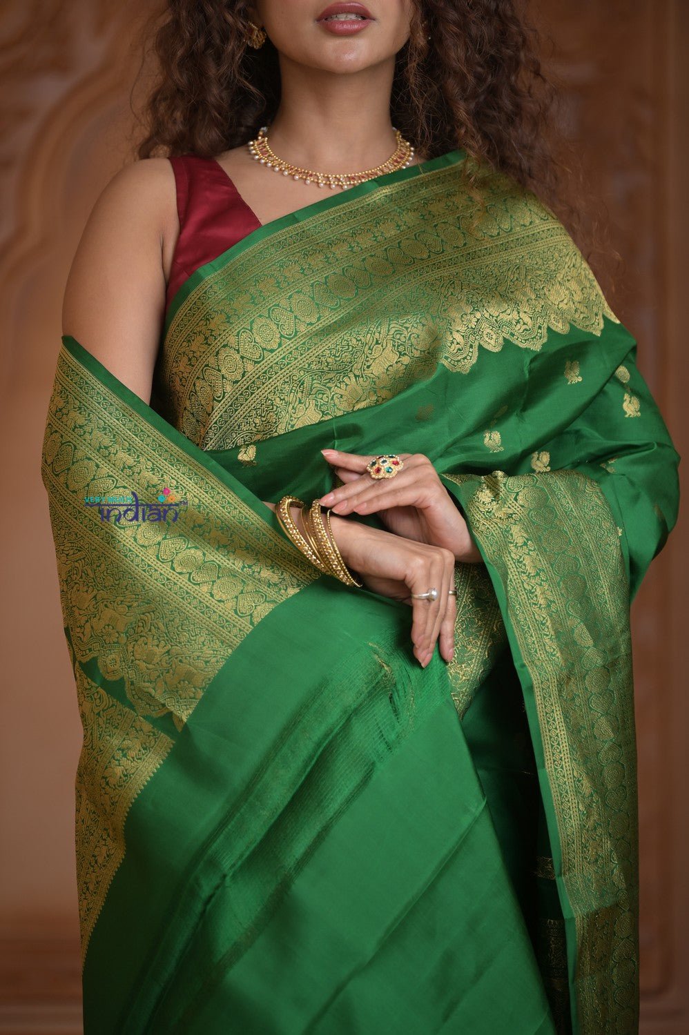 Shubh Lakshmi ~ Handloom Pure Silk Kanjivaram Temple Border Saree in Royal Green (Silk Mark Certified) - verymuchindian.com