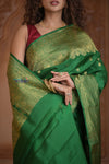 Shubh Lakshmi ~ Handloom Pure Silk Kanjivaram Temple Border Saree in Royal Green (Silk Mark Certified) - verymuchindian.com