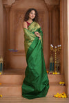 Shubh Lakshmi ~ Handloom Pure Silk Kanjivaram Temple Border Saree in Royal Green (Silk Mark Certified) - verymuchindian.com