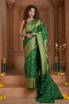 Shubh Lakshmi ~ Handloom Pure Silk Kanjivaram Temple Border Saree in Royal Green (Silk Mark Certified) - verymuchindian.com