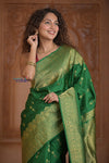 Shubh Lakshmi ~ Handloom Pure Silk Kanjivaram Temple Border Saree in Royal Green (Silk Mark Certified) - verymuchindian.com